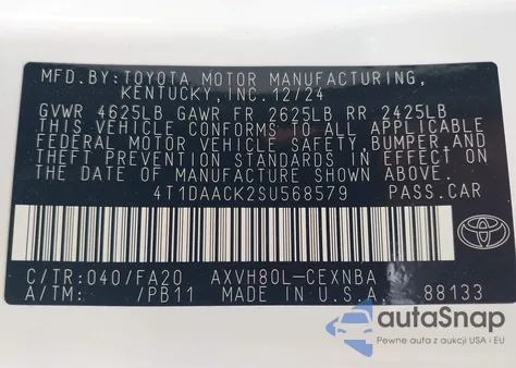 2025 Toyota Camry Le z USA, uszkodzony, nr VIN 4T1DAACK2SU568579